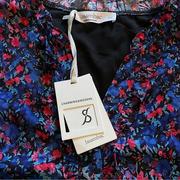 JASAMBAC Women plus size 2X Floral ruffle flutter sleeve button up Blue Blouse - Picture 6 of 8